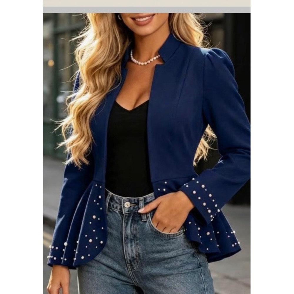 Navy Blue Pearl Embellished Peplum Blazer Open Front Jacket 1XL